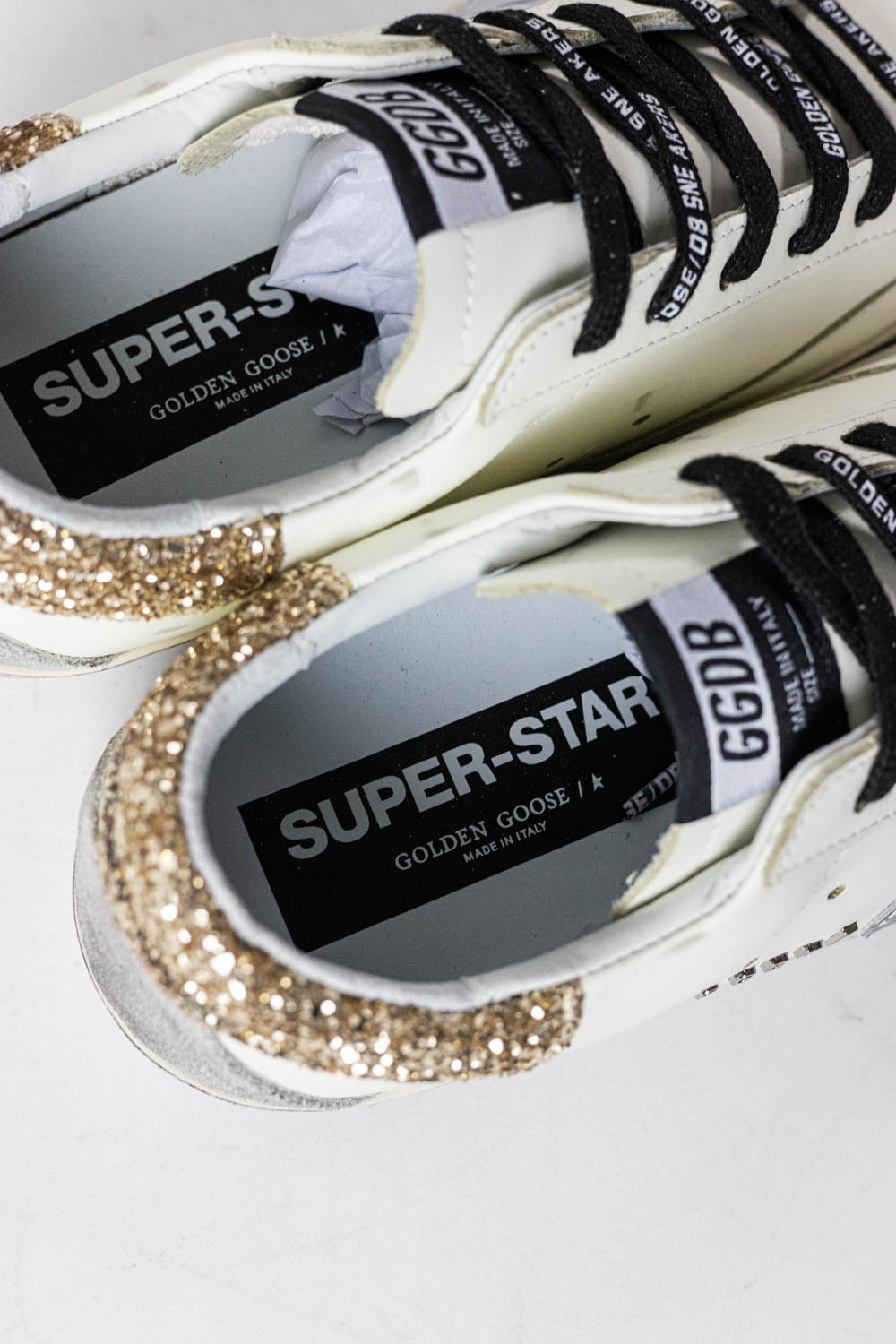 GOLDEN GOOSE Super-Star White leather with glitter heel tab