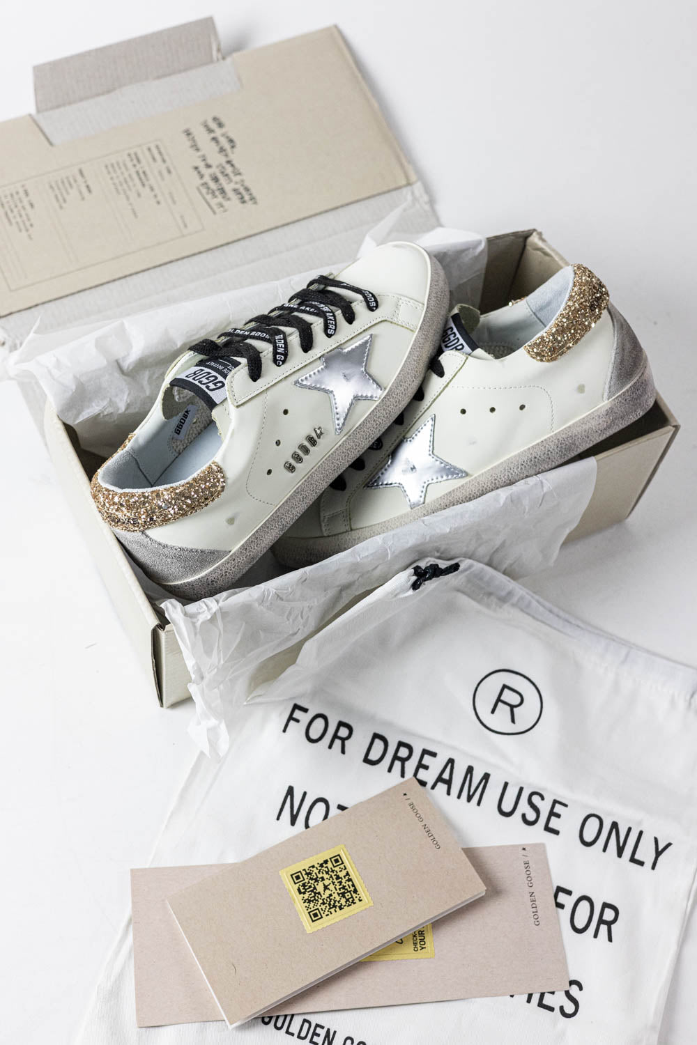 GOLDEN GOOSE Super-Star White leather with glitter heel tab