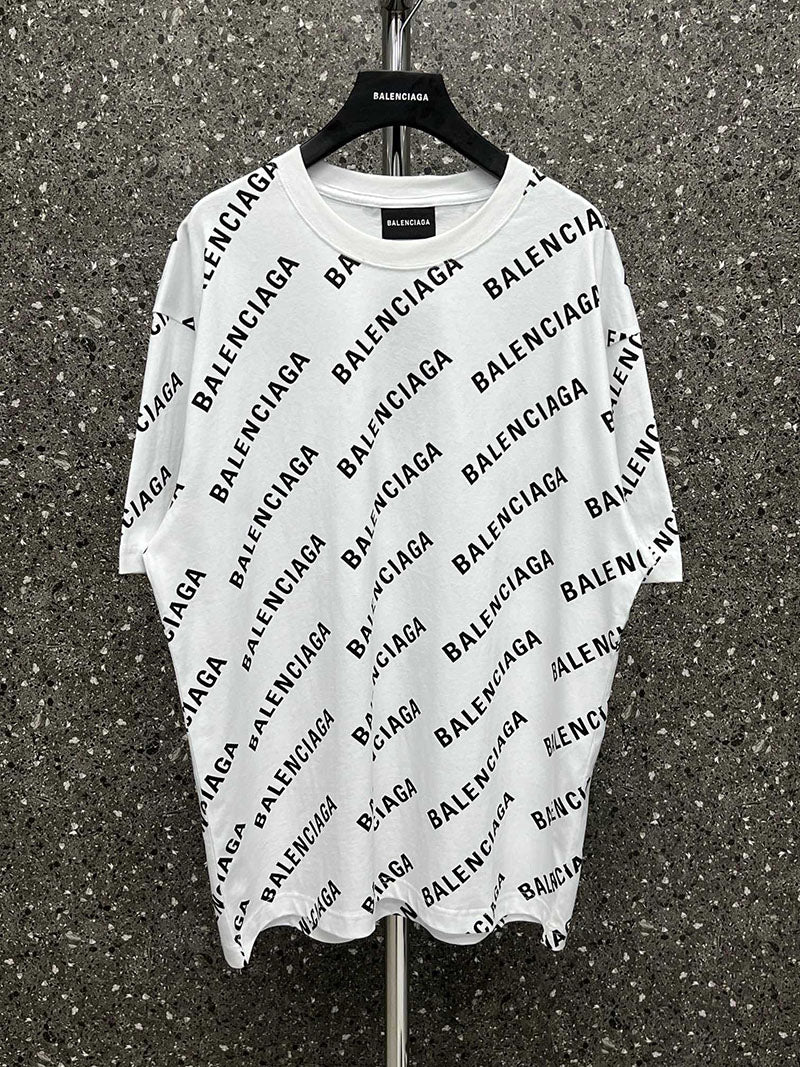 Balenciaga Allover Logo Sleeve T Shirt White