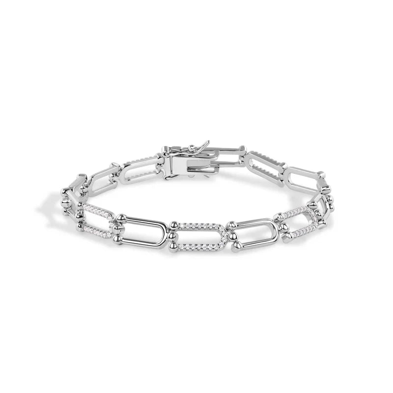 Rhodium 925 Sterling Silver U Link Clear CZ Tennis Bracelet
