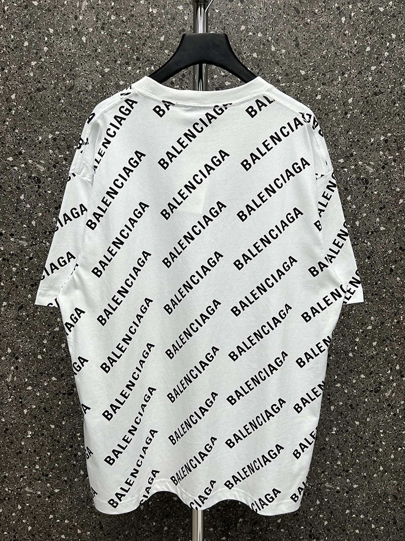 Balenciaga Allover Logo Sleeve T Shirt White
