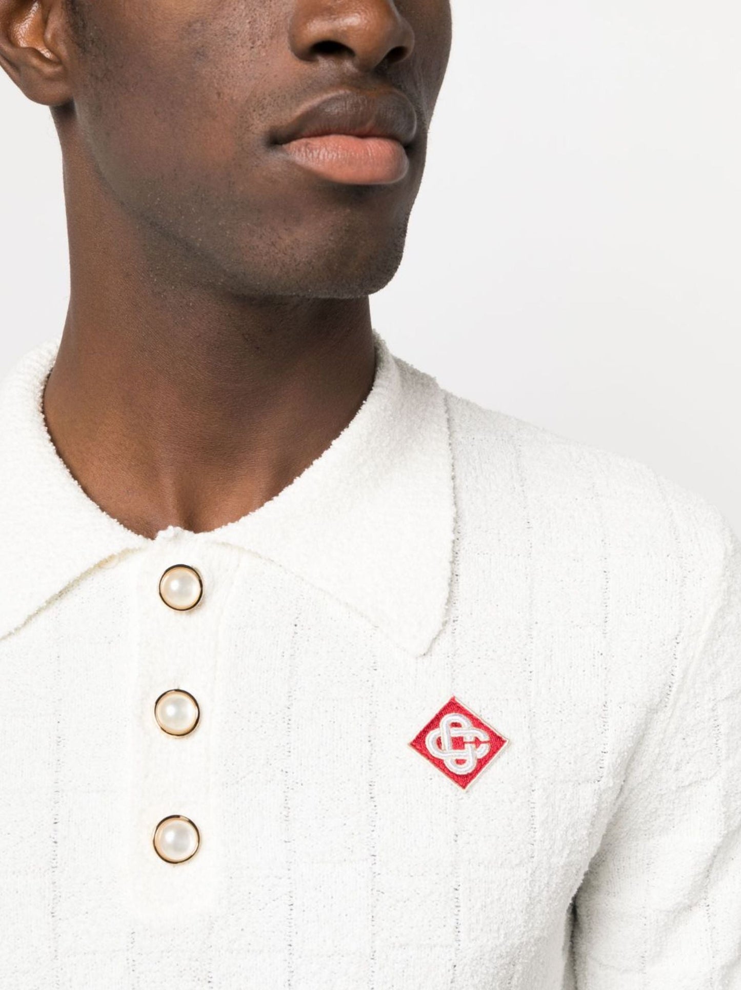 CASABLANCA logo-embroidered Bouclé Polo Shirt White