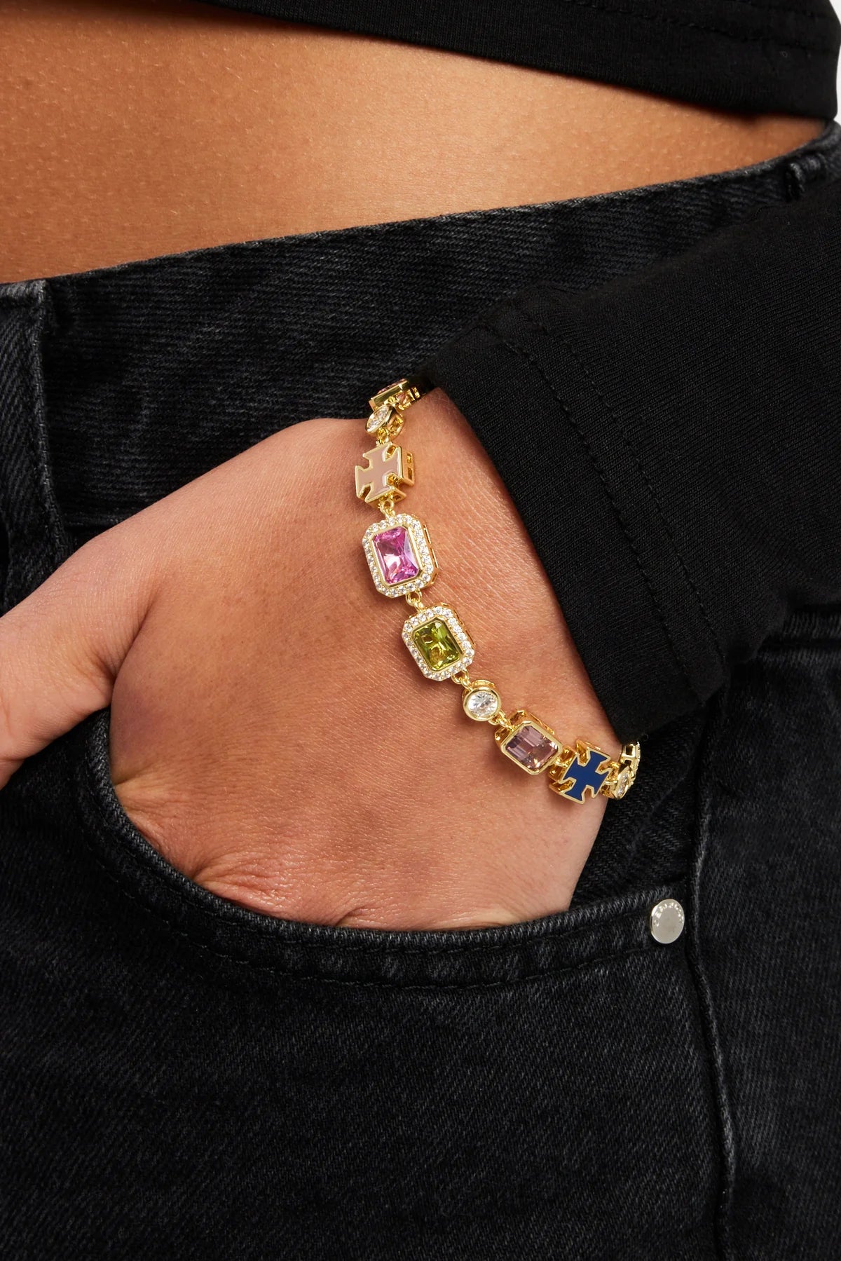 CERNUCCI - Multi Gemstone Motif Bracelet - Gold Pink & Green