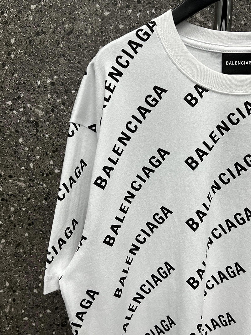 Balenciaga Allover Logo Sleeve T Shirt White