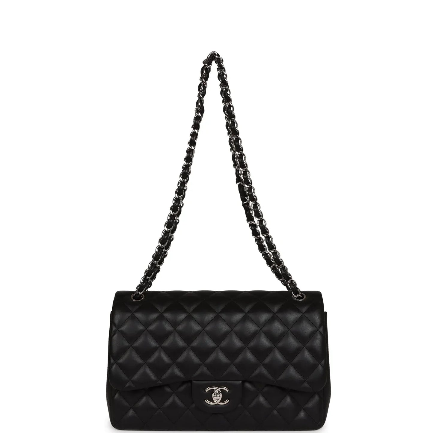 Chanel Classic Double Flap Quilted Lambskin Silver-tone Jumbo Black