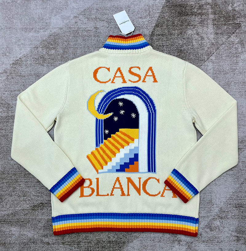 CASABLANCA Knitted Casa Zip-up Cardigan in White