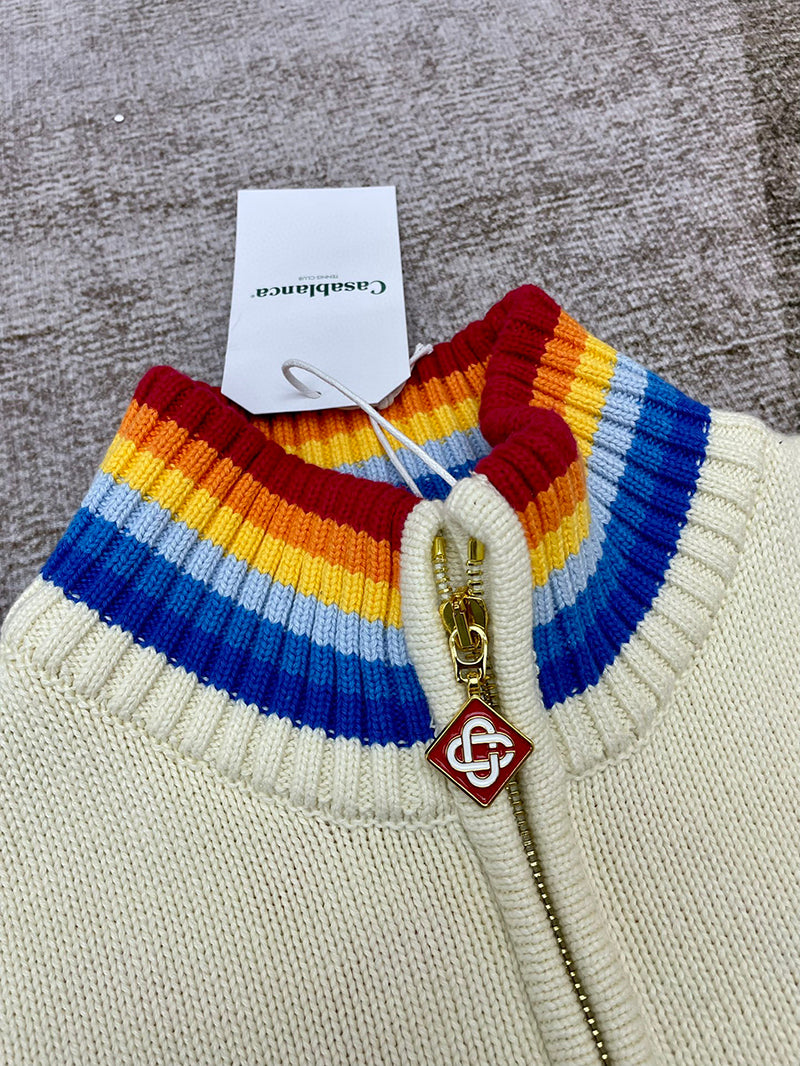 CASABLANCA Knitted Casa Zip-up Cardigan in White