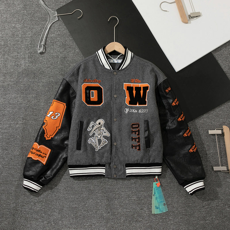 OFF - WHITE Grey wool and leather varsity jacket