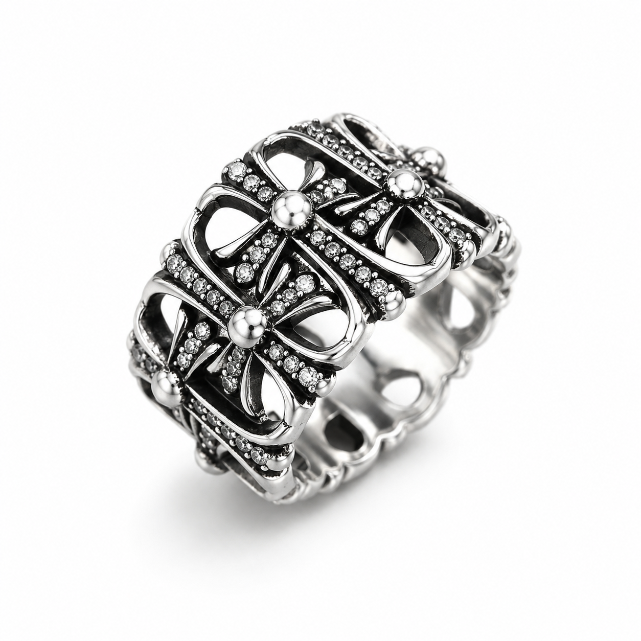 Chrome Hearts - Wide Ring Crosses with Cubic Zirconia Cemetery Ring