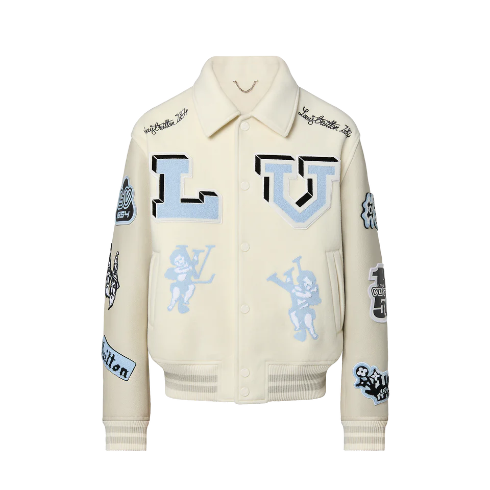 Louis Vuitton 2022 Multi-Patch Mixed Leather Varsity Bomber Jacket w/ Tags  - Blue Outerwear, Clothing - LOU737356