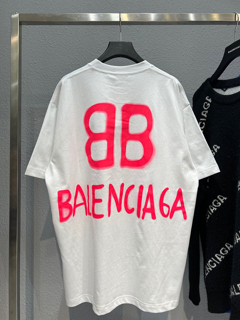 Balenciaga Paint Spray Pink Embroidery Logo T-shirt White