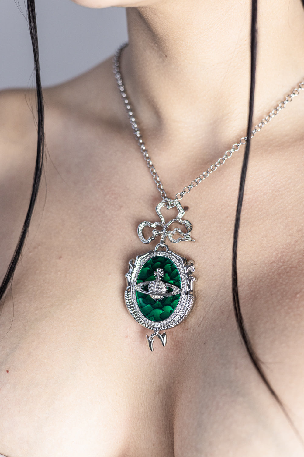 Vivienne Westwood Mermaid Orb Necklace Pendant Silver Green