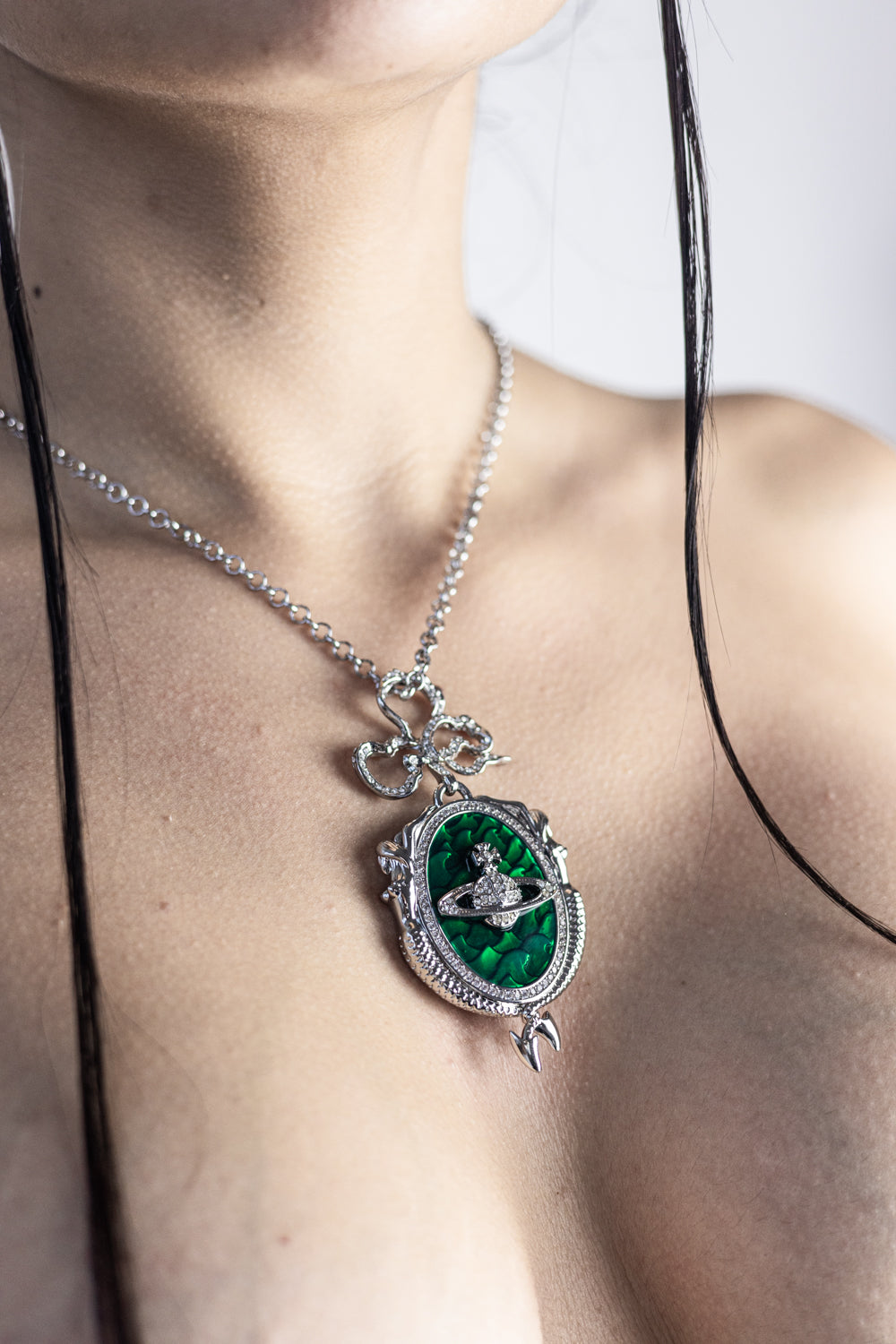 Vivienne Westwood Mermaid Orb Necklace Pendant Silver Green