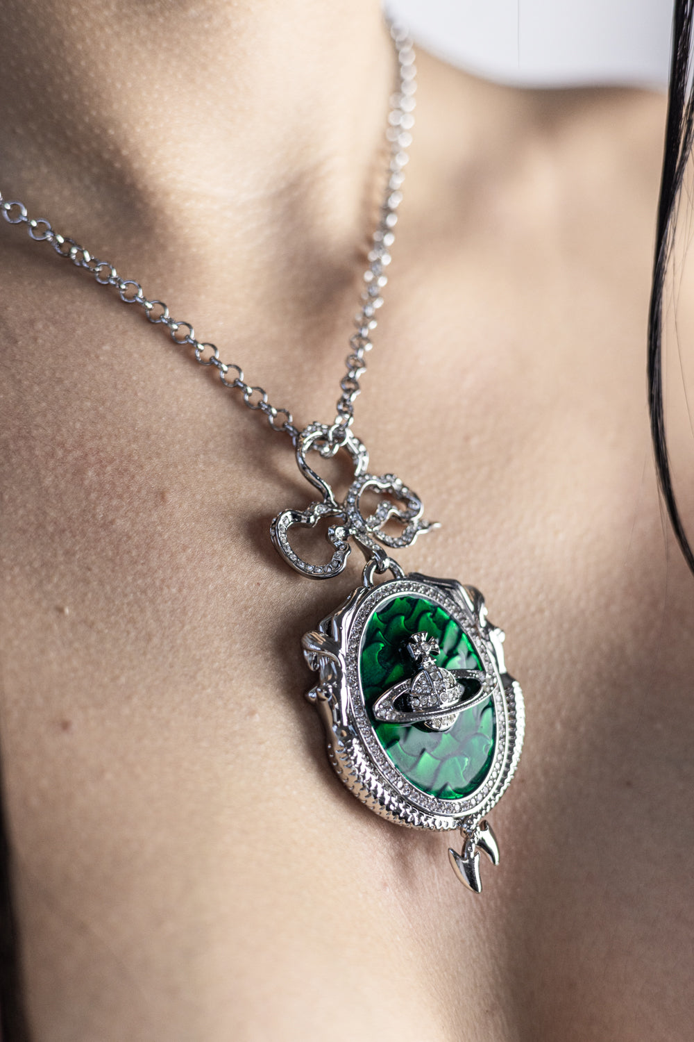 Vivienne Westwood Mermaid Orb Necklace Pendant Silver Green
