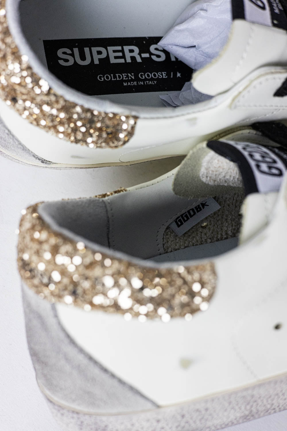 GOLDEN GOOSE Super-Star White leather with glitter heel tab