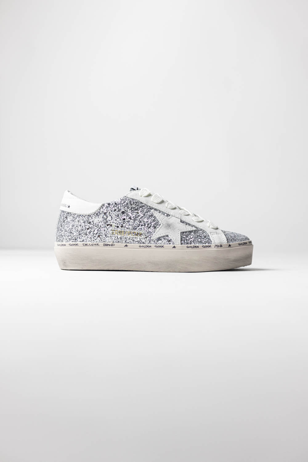 Golden Goose Hi Star with silver glitter, suede star and white heel tab
