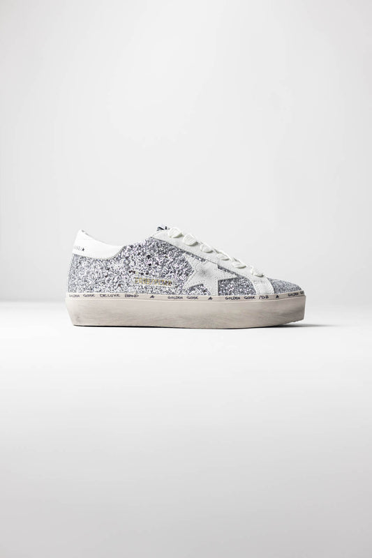 Golden Goose Hi Star with silver glitter, suede star and white heel tab