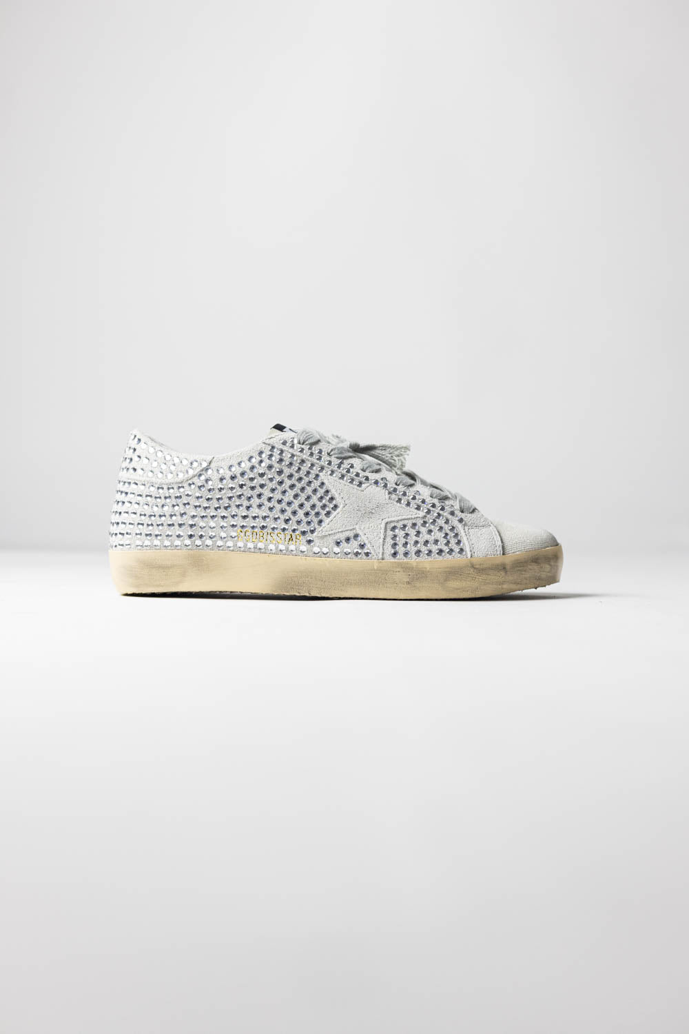 Golden Goose Super-Star Sneakers in Gray Suede with Crystals