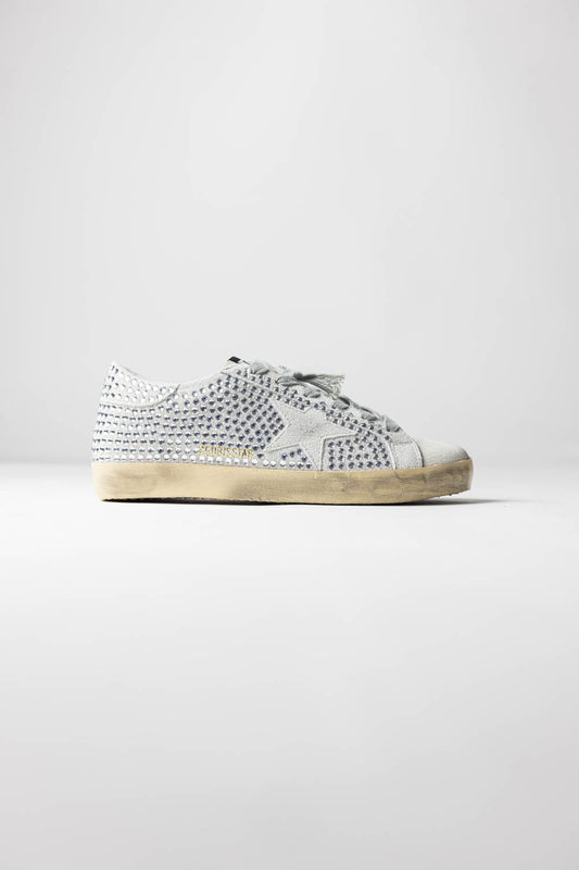 Golden Goose Super-Star Sneakers in Gray Suede with Crystals