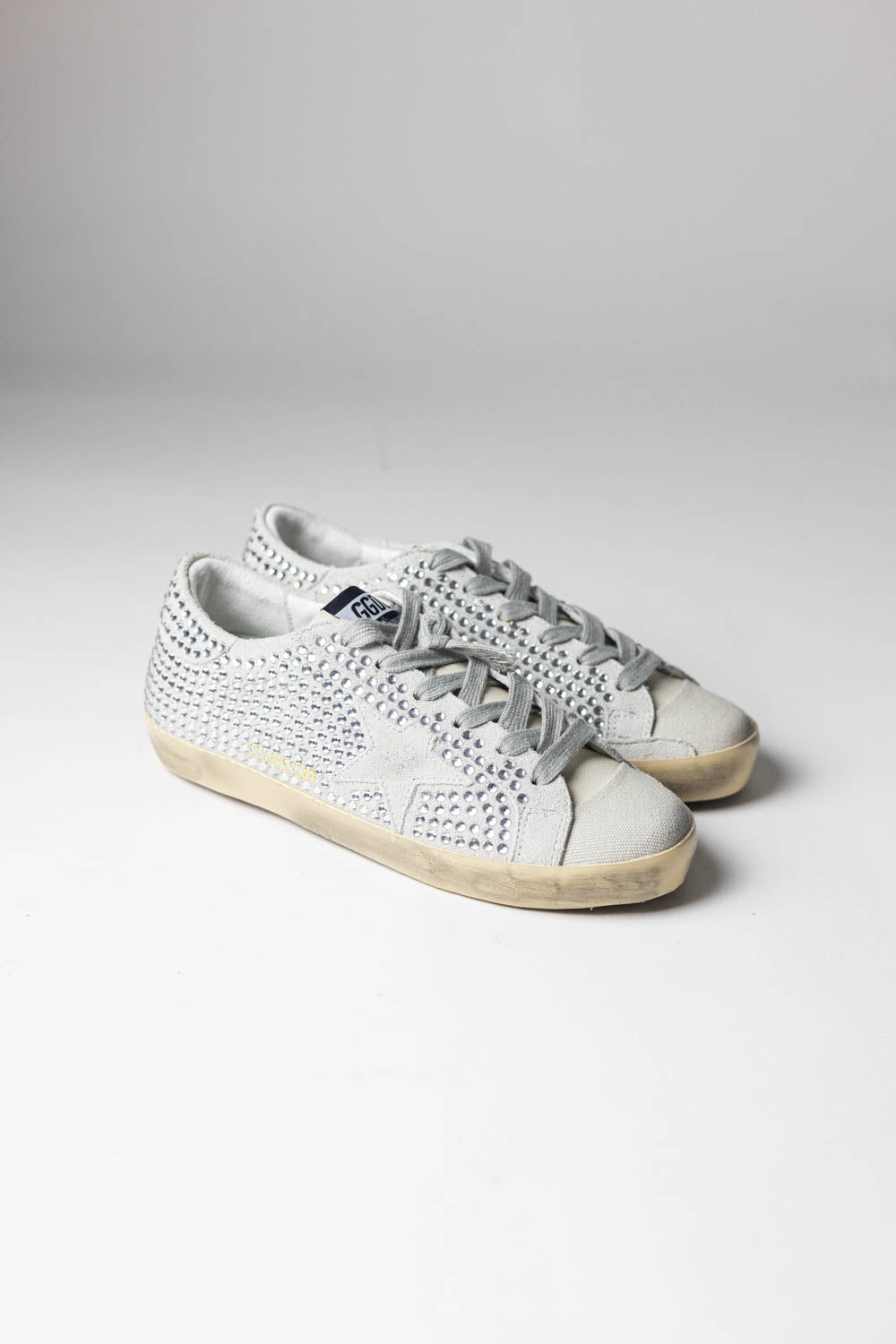 Golden Goose Super-Star Sneakers in Gray Suede with Crystals