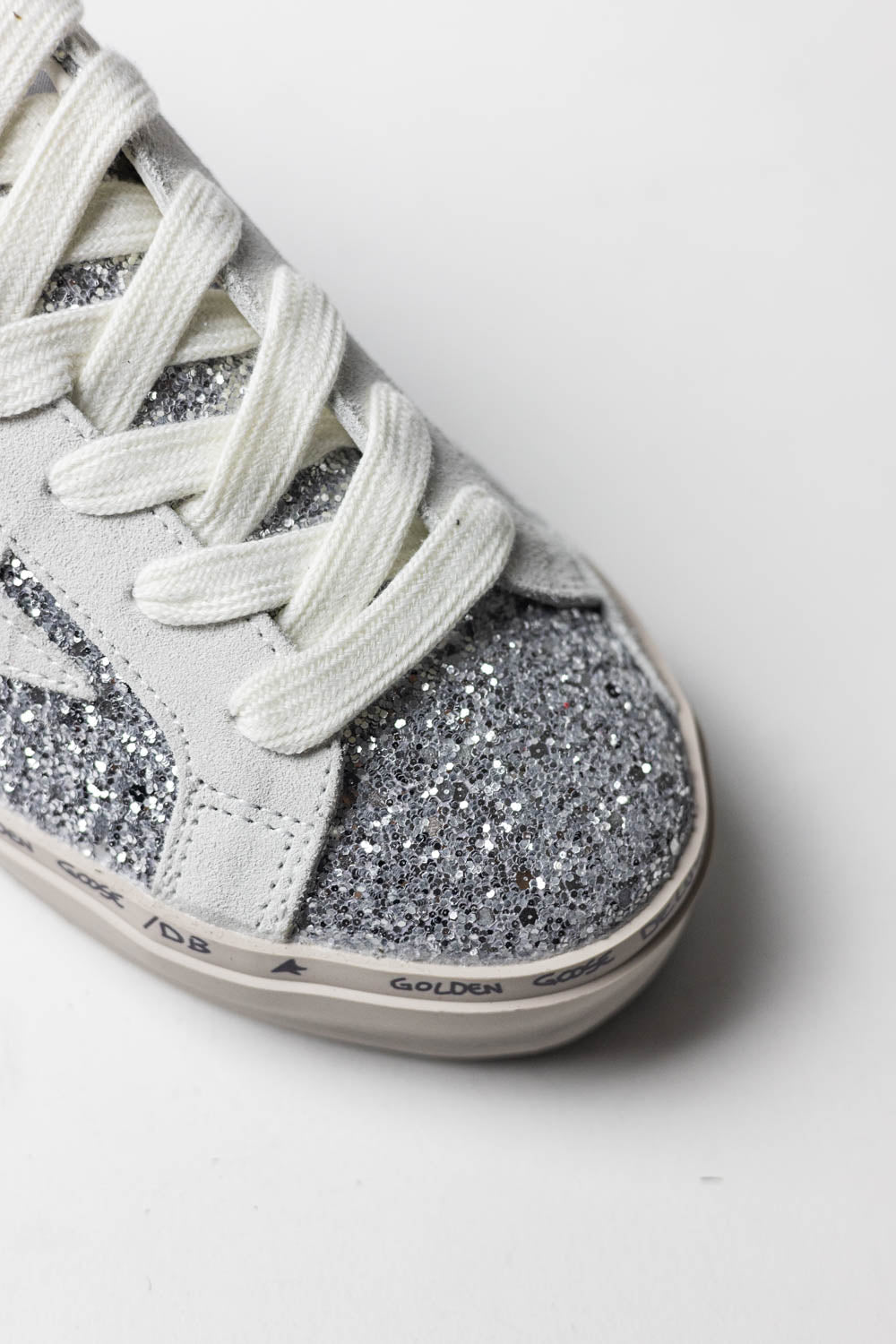 Golden Goose Hi Star with silver glitter, suede star and white heel tab