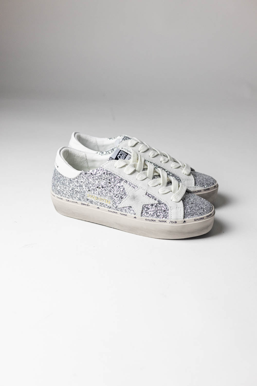 Golden Goose Hi Star with silver glitter, suede star and white heel tab