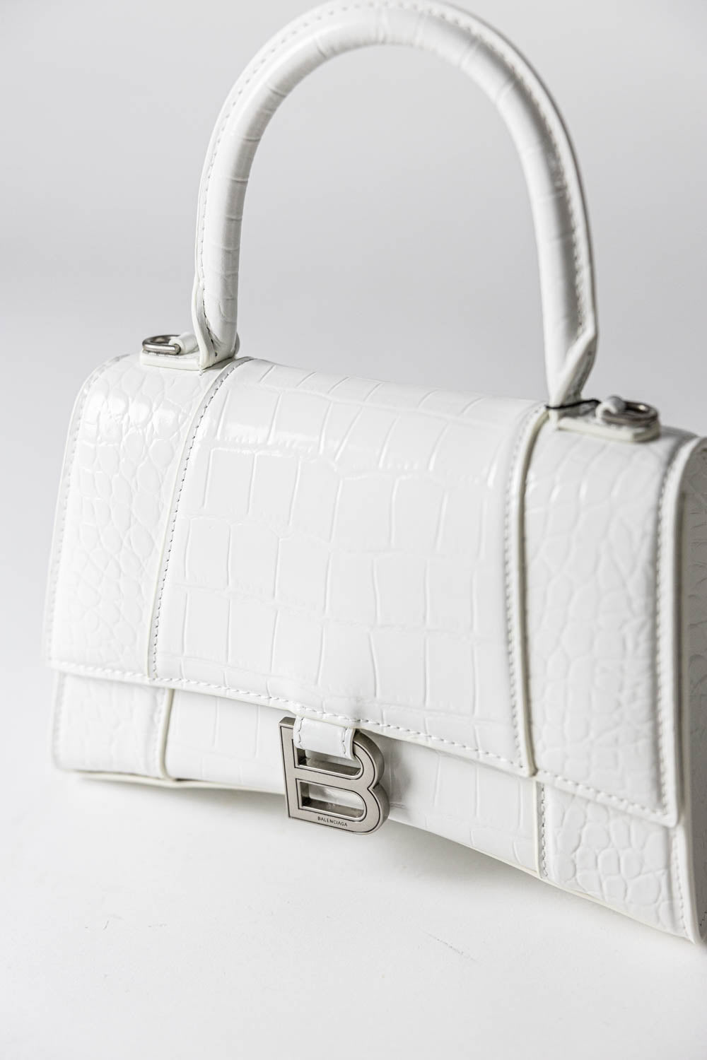 Balenciaga Hourglass white crocodile-effect top handle bag