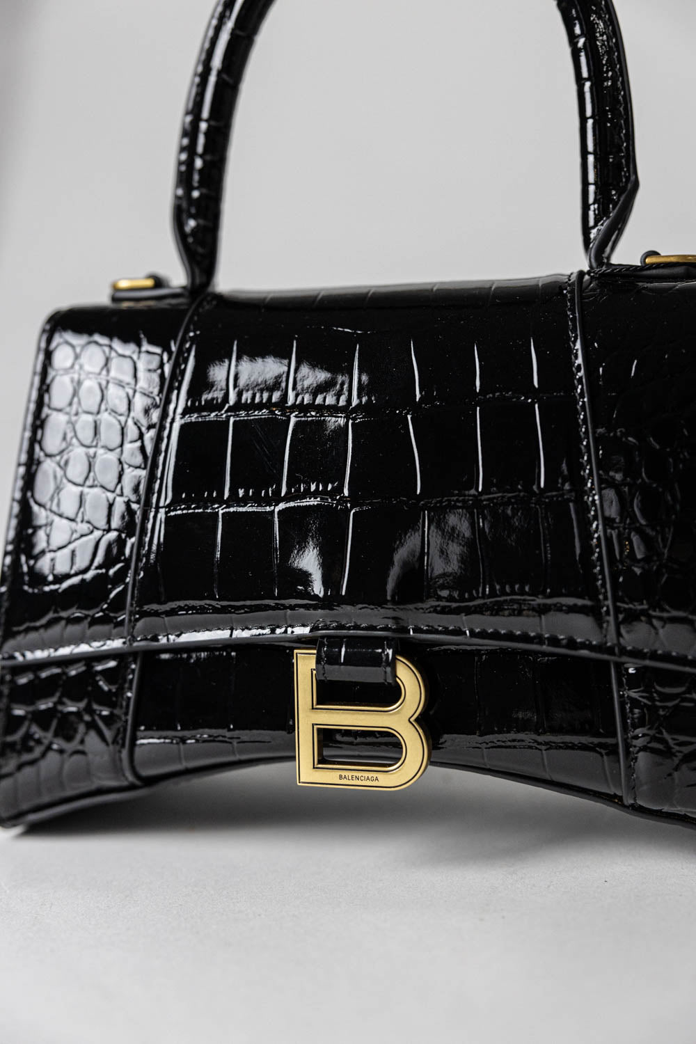 Balenciaga Hourglass black crocodile-effect top handle bag