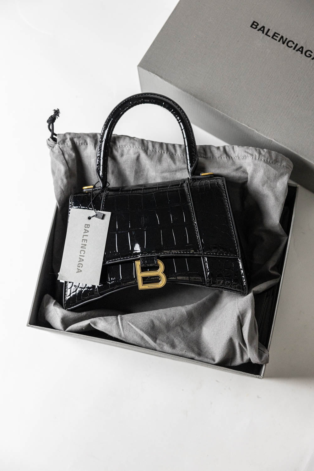 Balenciaga Hourglass black crocodile-effect top handle bag