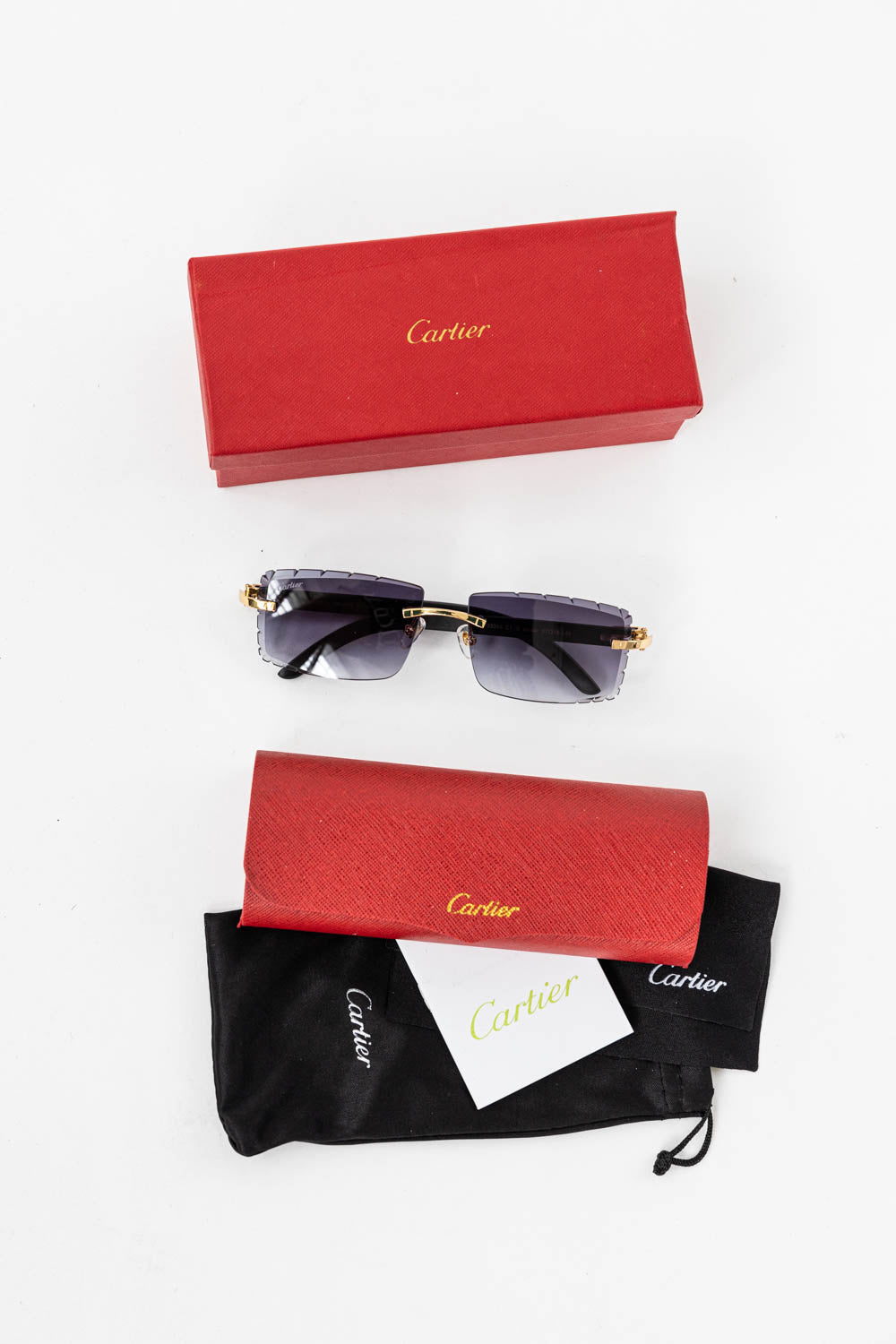 Cartier Black Wood Glasses with Gold C Decor and Blue Lens