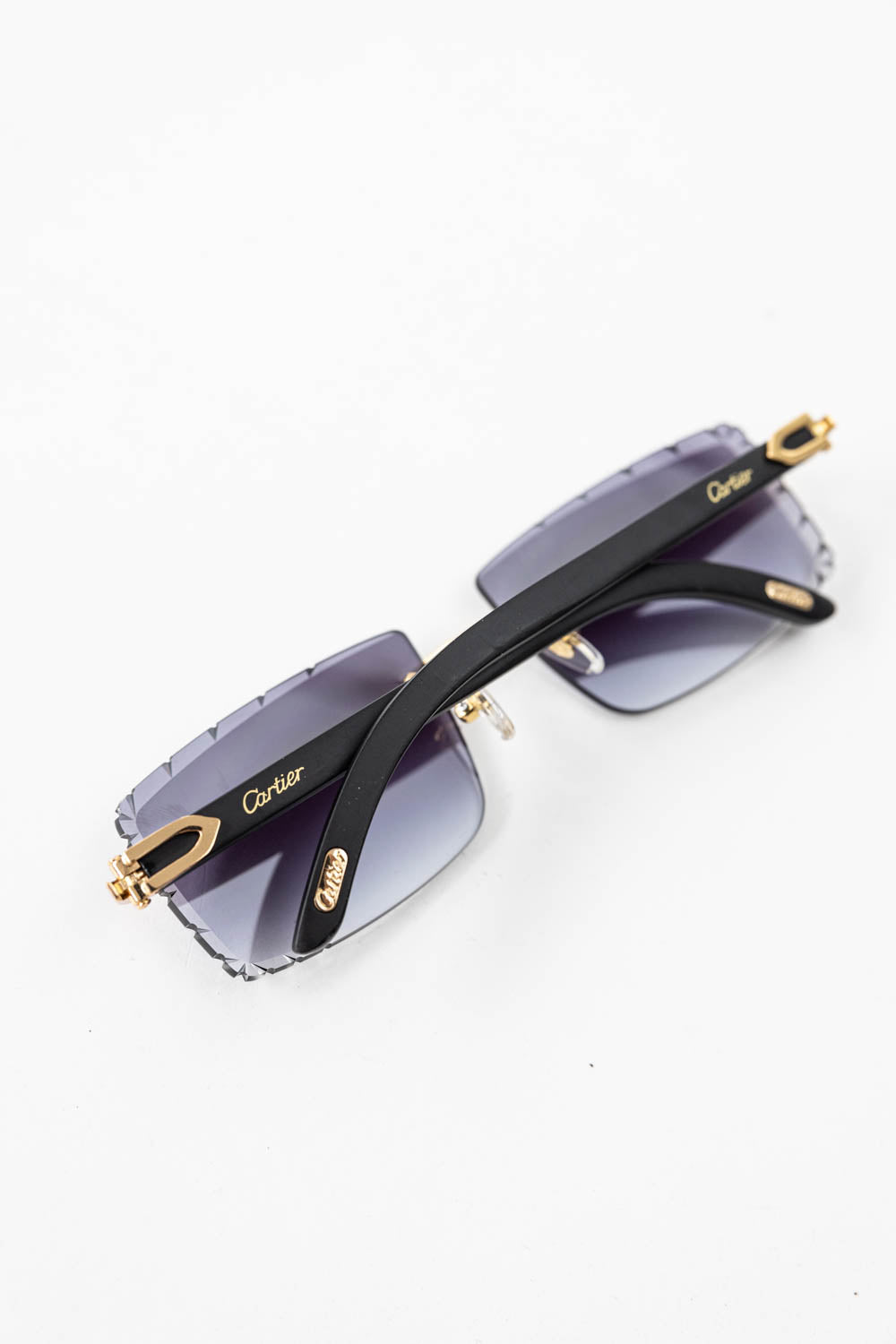 Cartier Black Wood Glasses with Gold C Decor and Blue Lens