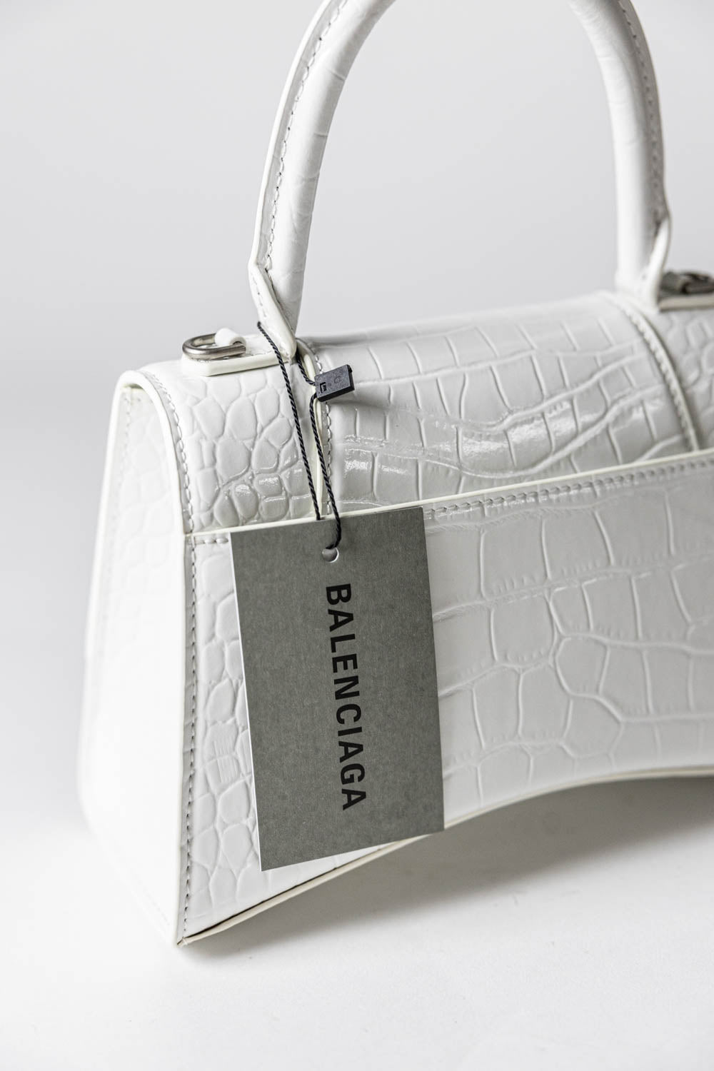 Balenciaga Hourglass white crocodile-effect top handle bag