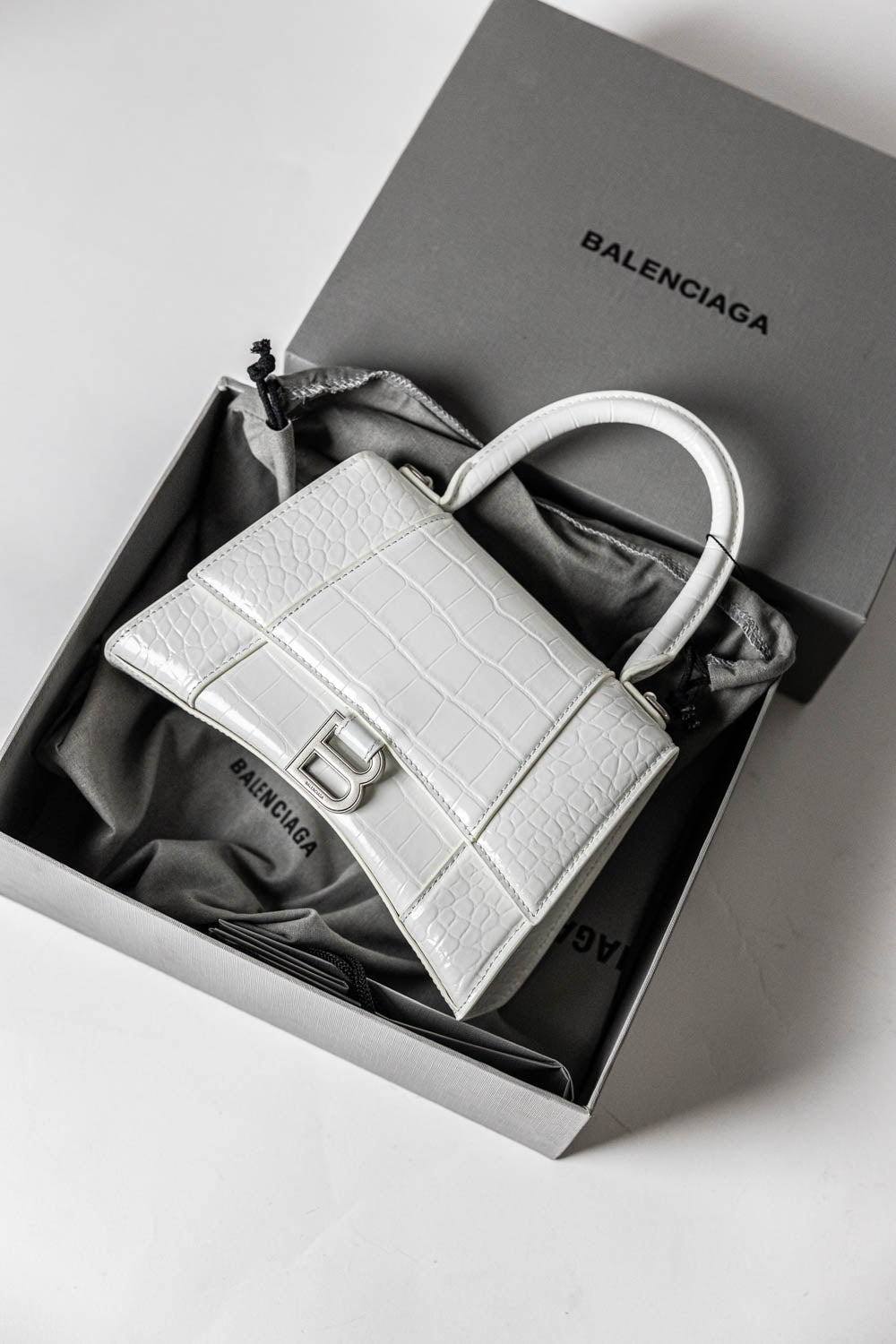 Balenciaga Hourglass white crocodile-effect top handle bag