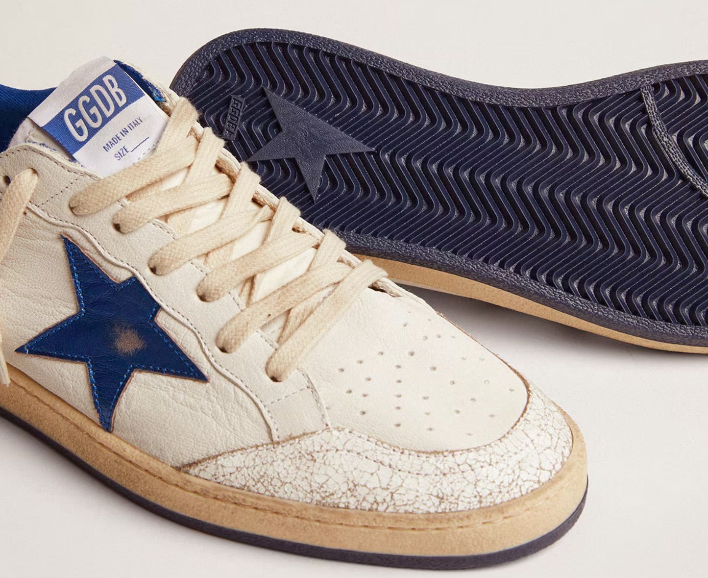 Golden Goose Ball Star in white nappa leather with a blue star and heel