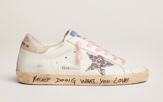 Golden Goose Super-Star with silver glitter star and leopard print heel tab