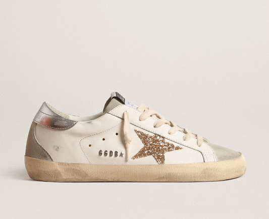Golden Goose Super-Star with gold glitter star and ice suede appliqués