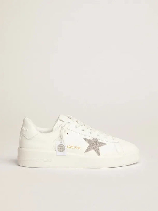 Golden Goose Super-Star white leather with silver-colored crystal star