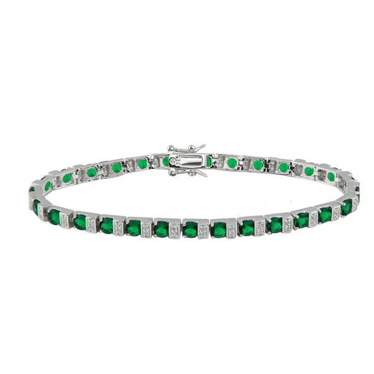 925 Rhodium Sterling Silver Plated Green and Clear CZ Tennis Bracelet