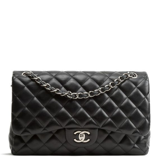 Chanel Classic Double Flap Quilted Lambskin Silver-tone Jumbo Black