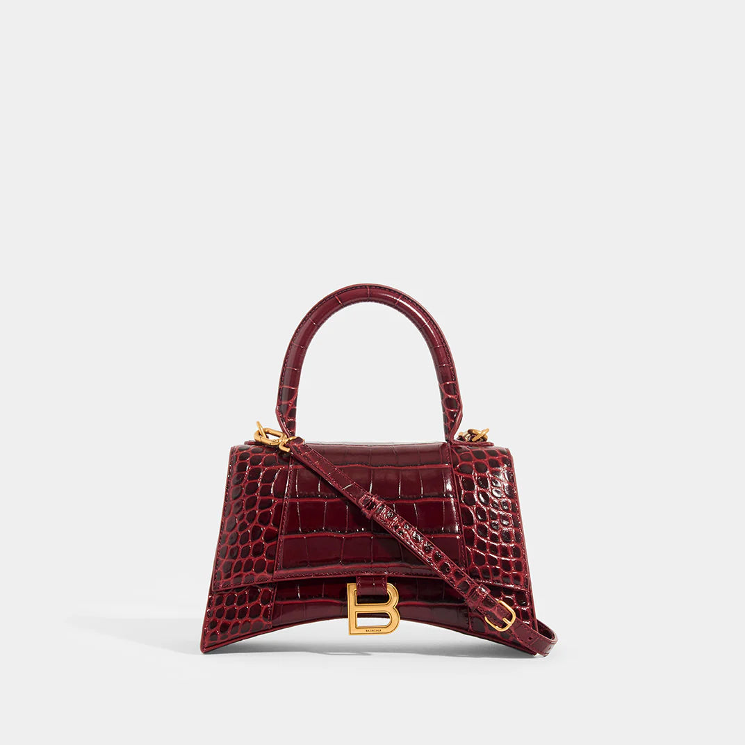 Balenciaga Hourglass Hourglass S Top Handle Bag Crocodile Embossed Burgundy