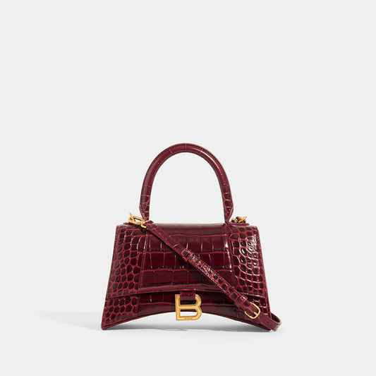 Balenciaga Hourglass Hourglass S Top Handle Bag Crocodile Embossed Burgundy