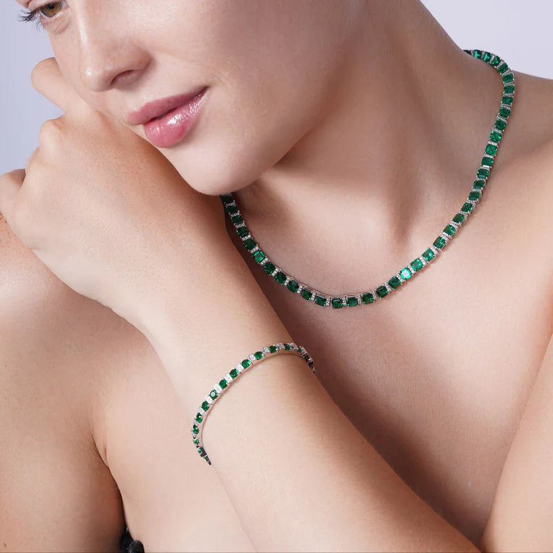 925 Rhodium Sterling Silver Plated Green and Clear CZ Tennis Bracelet