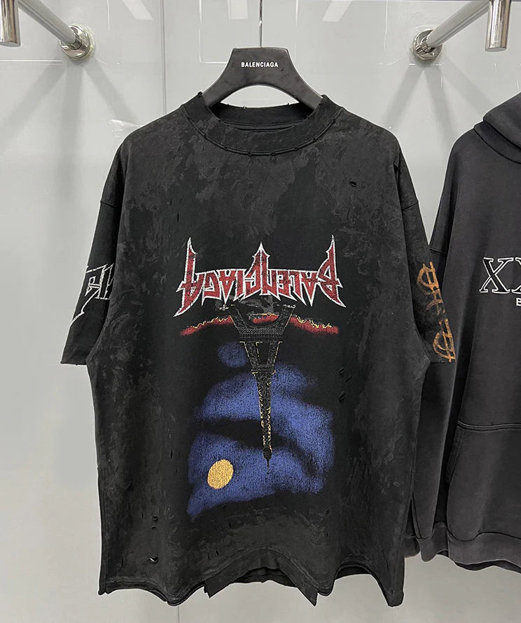 Balenciaga Upside Down Distressed Printed T Shirt