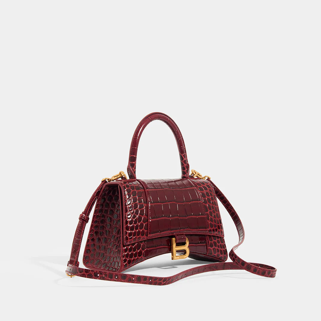 Balenciaga Hourglass Hourglass S Top Handle Bag Crocodile Embossed Burgundy