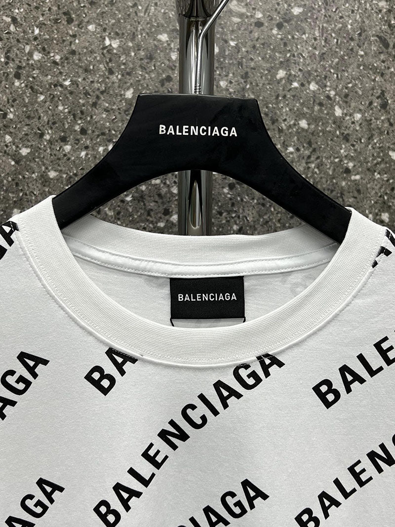 Balenciaga Allover Logo Sleeve T Shirt White