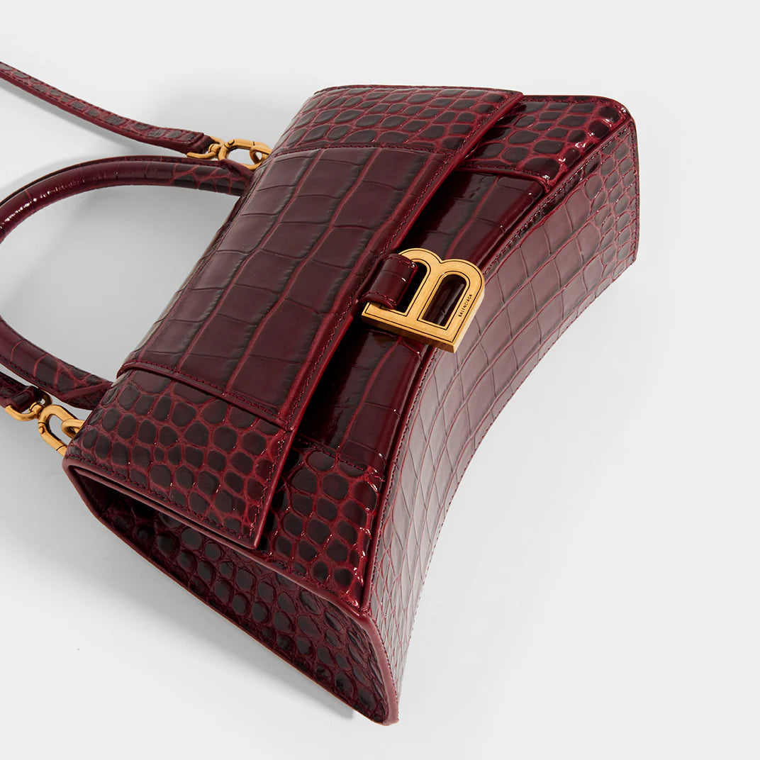 Balenciaga Hourglass Hourglass S Top Handle Bag Crocodile Embossed Burgundy