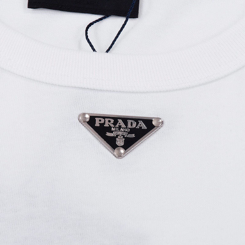 PRADA Logo-Plaque Crewneck Cotton T-Shirt White