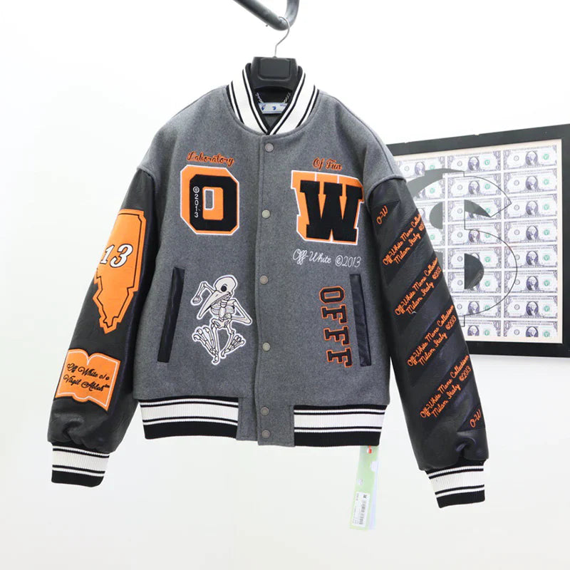 OFF - WHITE Grey wool and leather varsity jacket